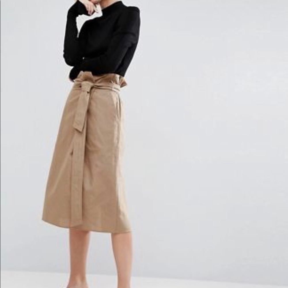 ASOS Design paper bag belted midi skirt in beige